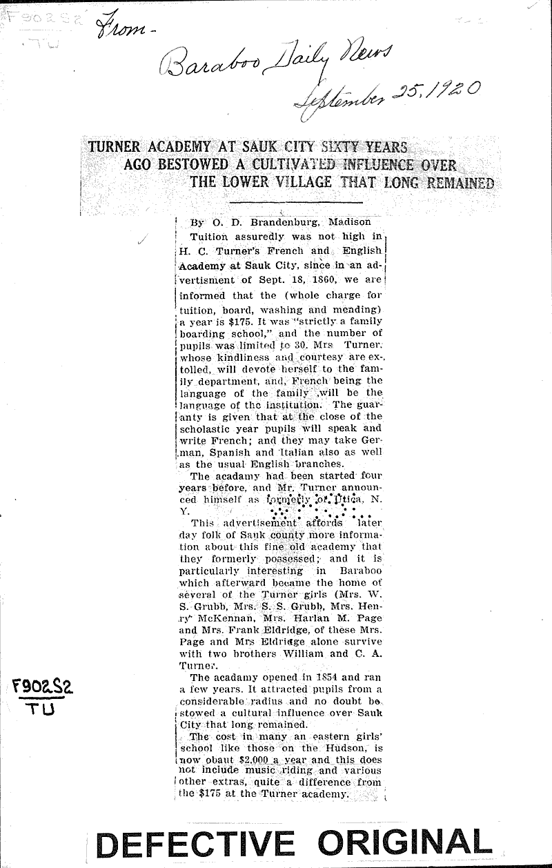 Turner academy at Sauk City sixty years ago bestowed a cultivated