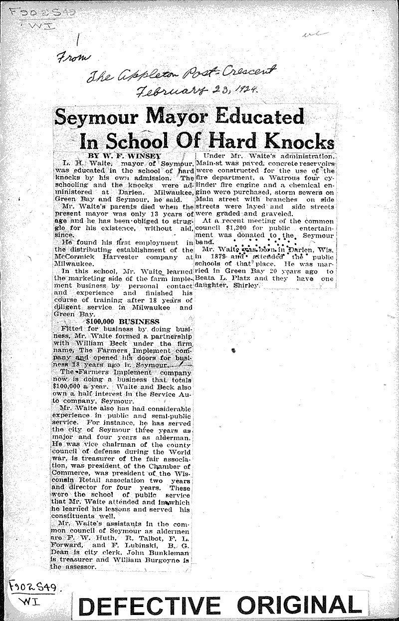 Seymour mayor educated in school of hard knocks Newspaper Article