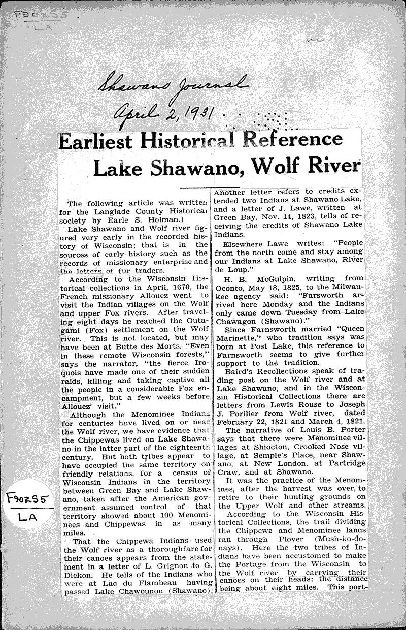 Earliest historical reference Lake Shawano, Wolf River Newspaper