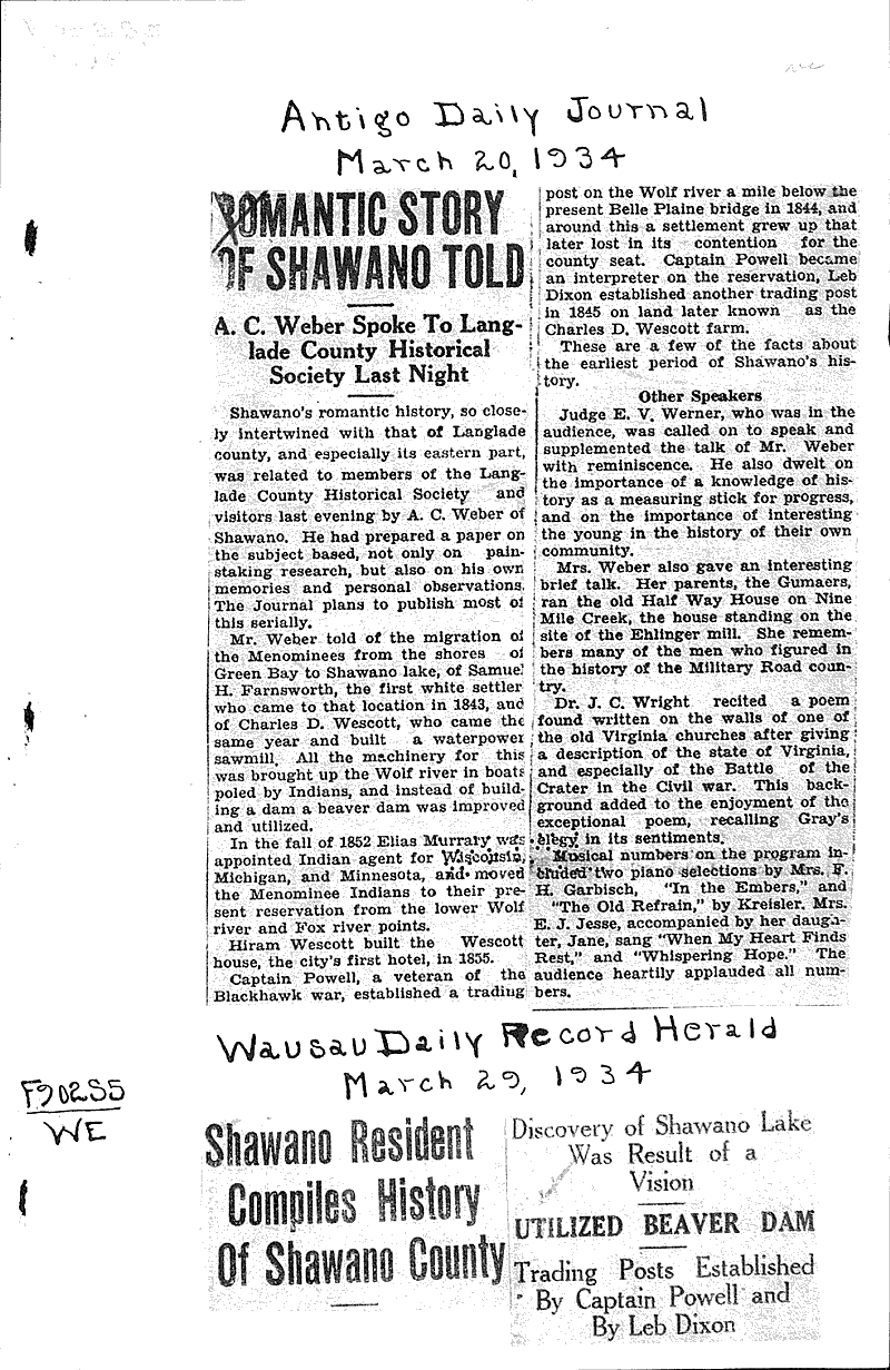 Romantic story of Shawano told Newspaper Article/Clipping Wisconsin