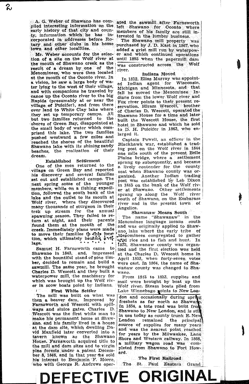 Romantic story of Shawano told Newspaper Article/Clipping Wisconsin