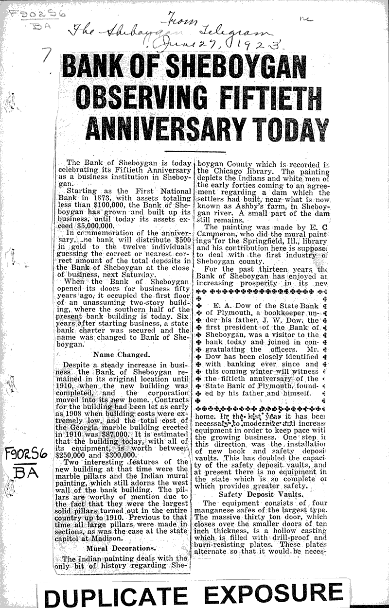  Source: Sheboygan Telegram Topics: Industry Date: 1923-06-27