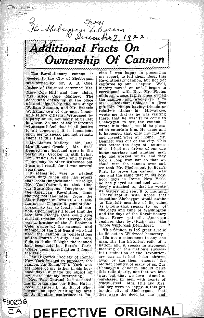  Source: Sheboygan Telegram Topics: Wars Date: 1922-12-07