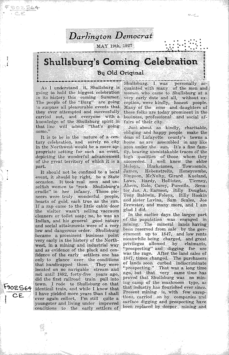  Source: Darlington Democrat Topics: Immigrants Date: 1927-05-19