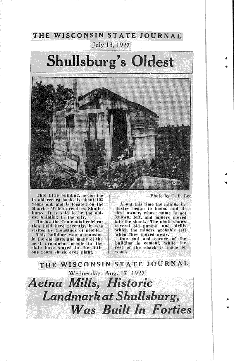 Aetna Mills, historic landmark at Shullsburg, was built in Forties