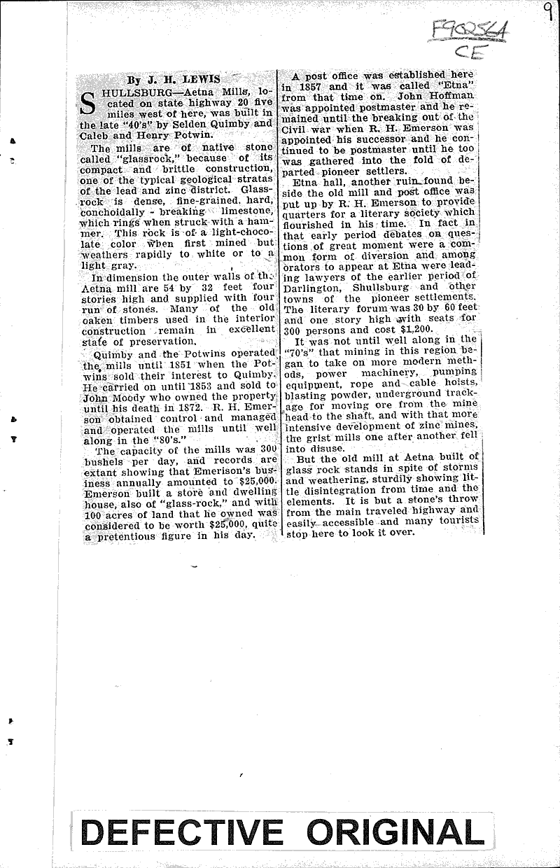 Aetna Mills, historic landmark at Shullsburg, was built in Forties