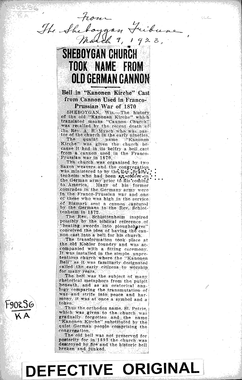 Sheboygan church took name from old German cannon Newspaper Article