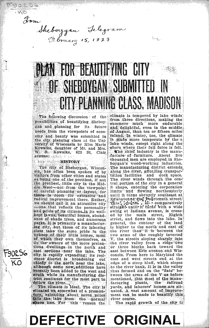  Source: Sheboygan Telegram Topics: Education Date: 1923-02-15
