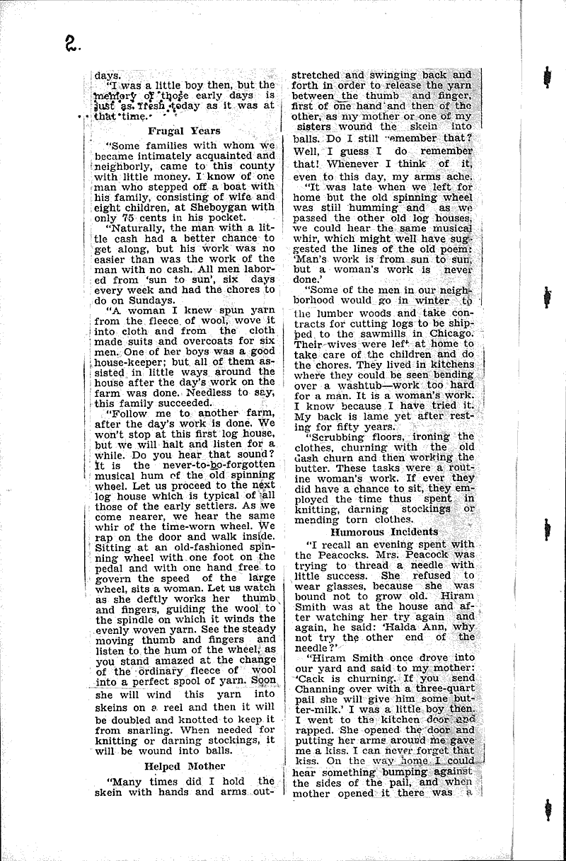 Days of pioneer mothers in Sheboygan County are described by Mr. Mather