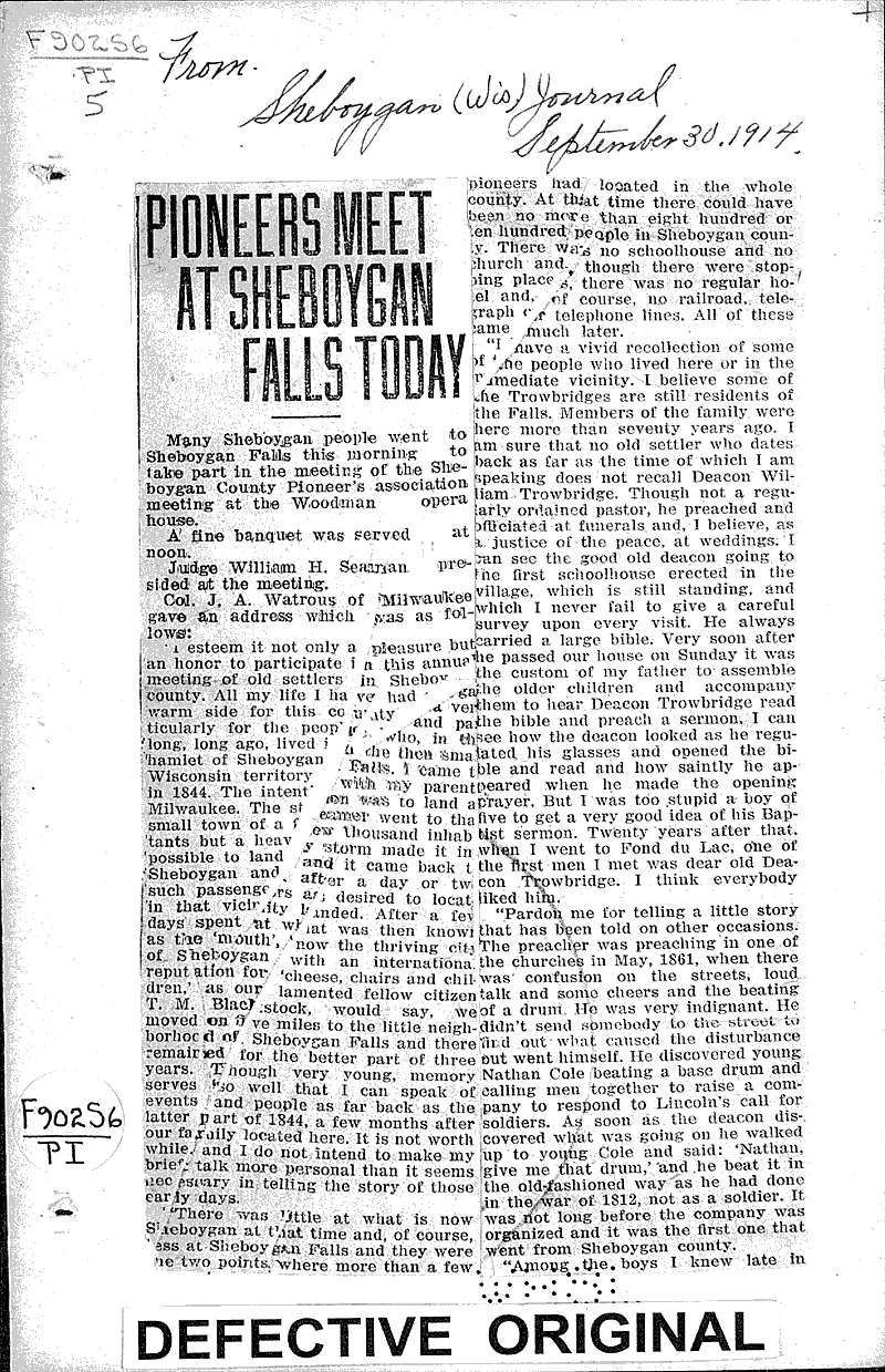 Pioneers meet at Sheboygan Falls today Newspaper Article/Clipping