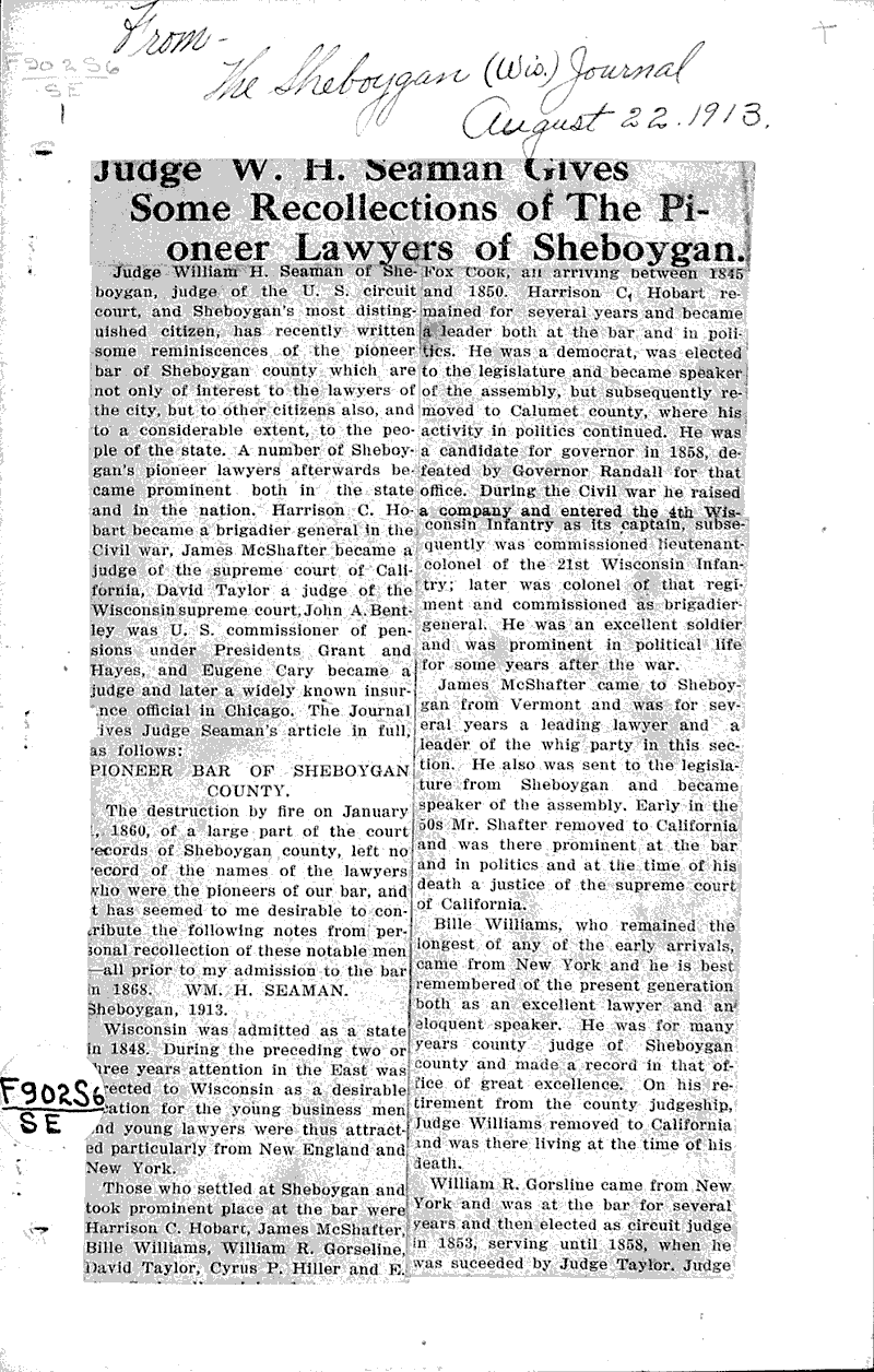 Judge W.H. Seaman gives some recollections of the pioneer lawyers of