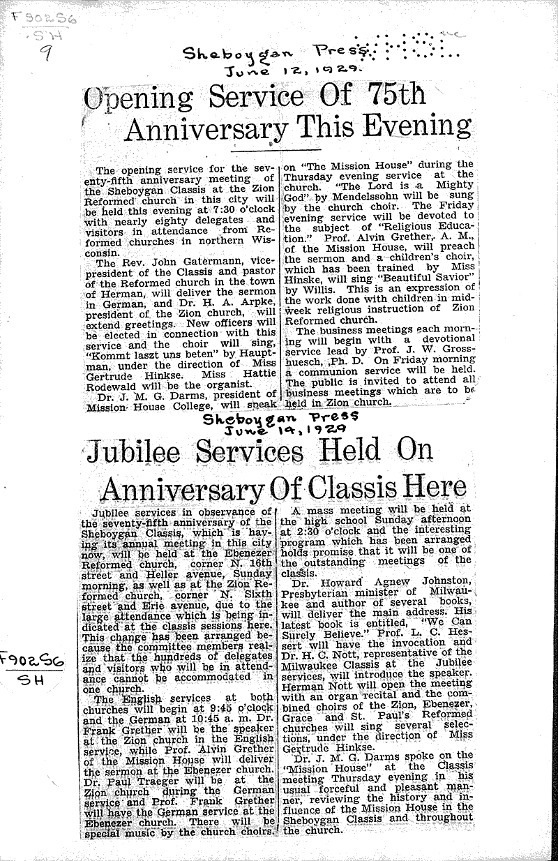  Source: Sheboygan Press Topics: Church History Date: 1929-06-12
