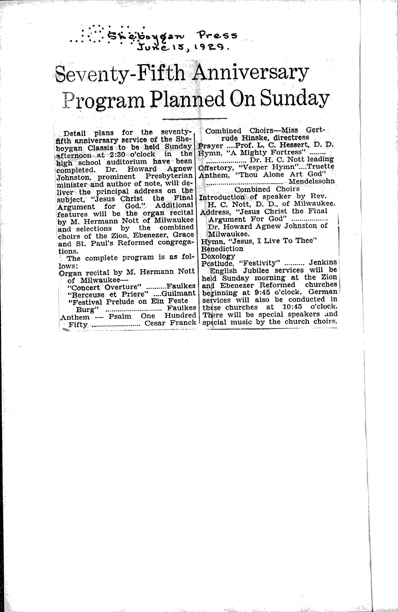  Source: Sheboygan Press Topics: Church History Date: 1929-06-12