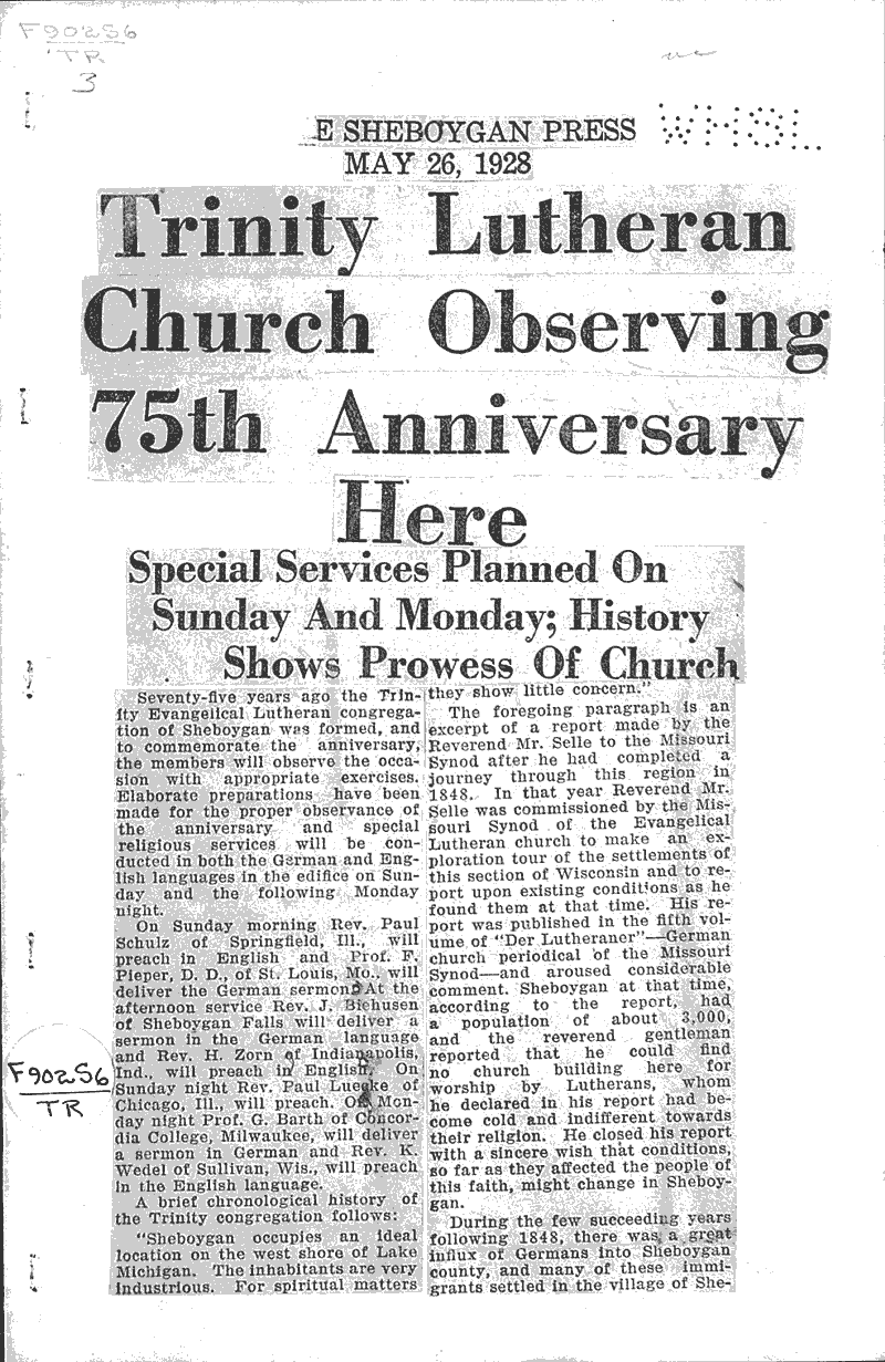  Source: Sheboygan Press Topics: Church History Date: 1928-05-26