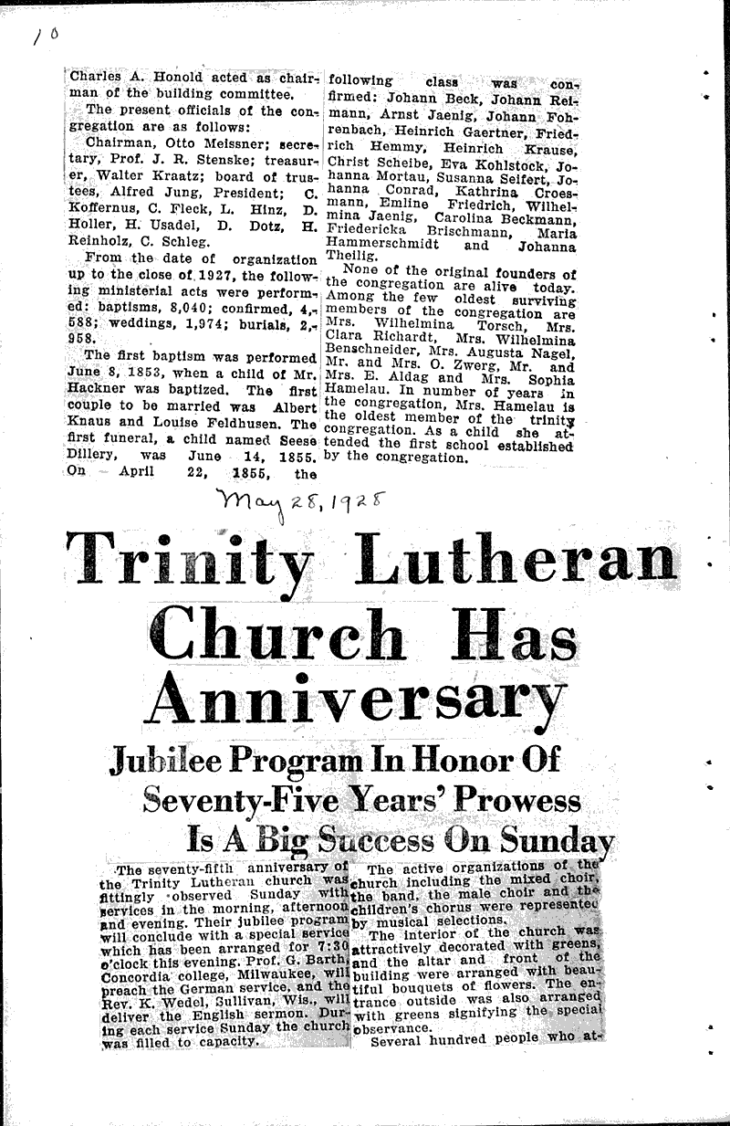  Source: Sheboygan Press Topics: Church History Date: 1928-05-26