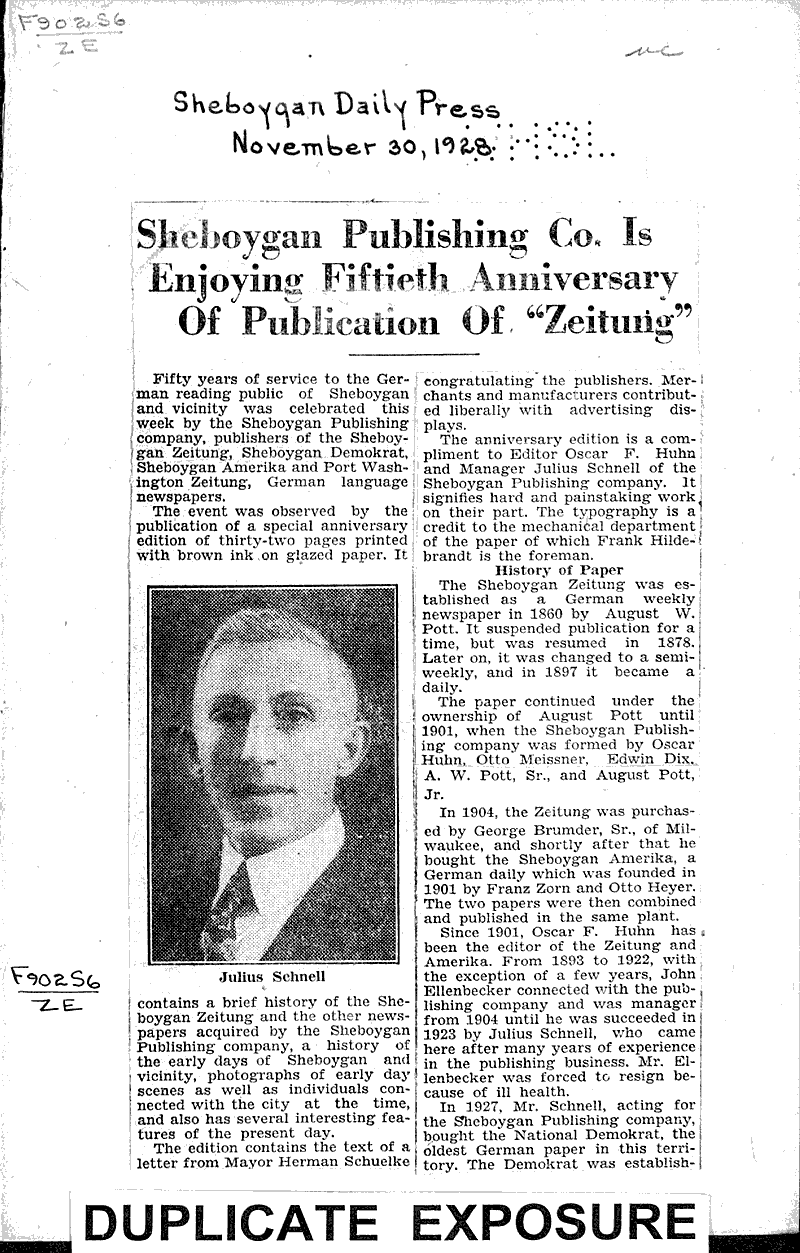Sheboygan Publishing Co. is enjoying fiftieth anniversary of publication of "Zeitung" Source: Sheboygan Daily Press Topics: Immigrants Date: 1928-11-30