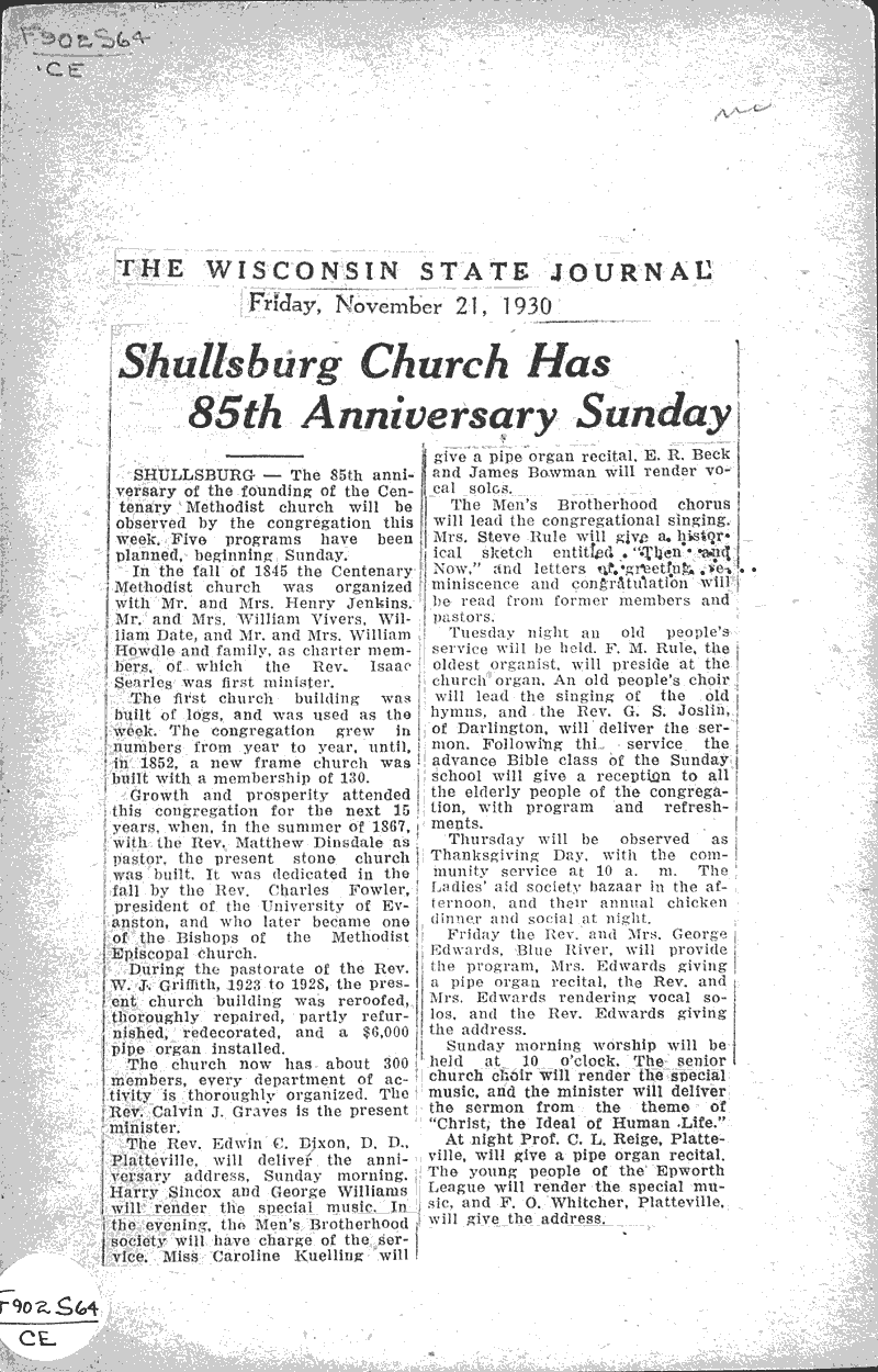 Shullsburg church has 85th anniversary sunday Newspaper Article