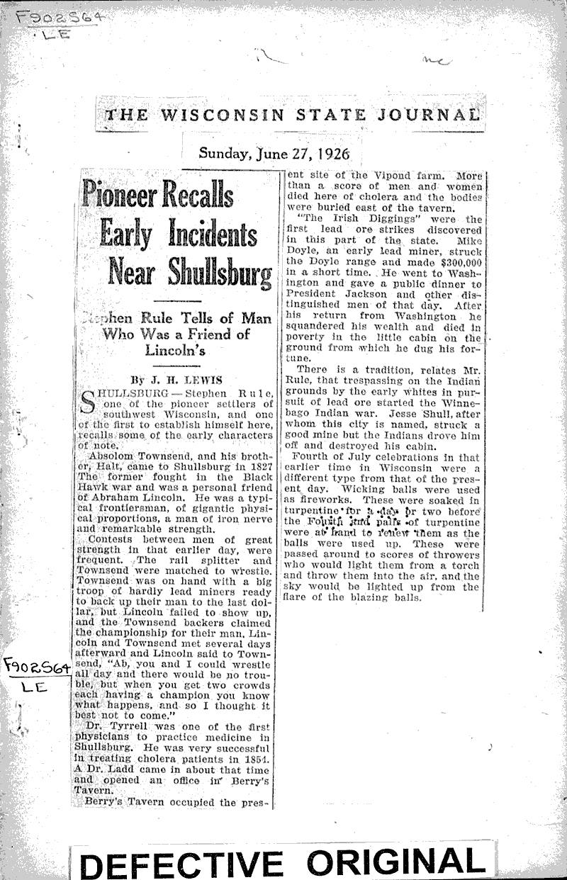 Pioneer recalls early incidents near Shullsburg Newspaper Article