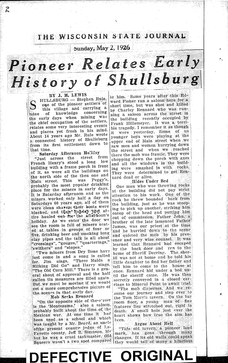 Pioneer relates early history of Shullsburg Newspaper Article
