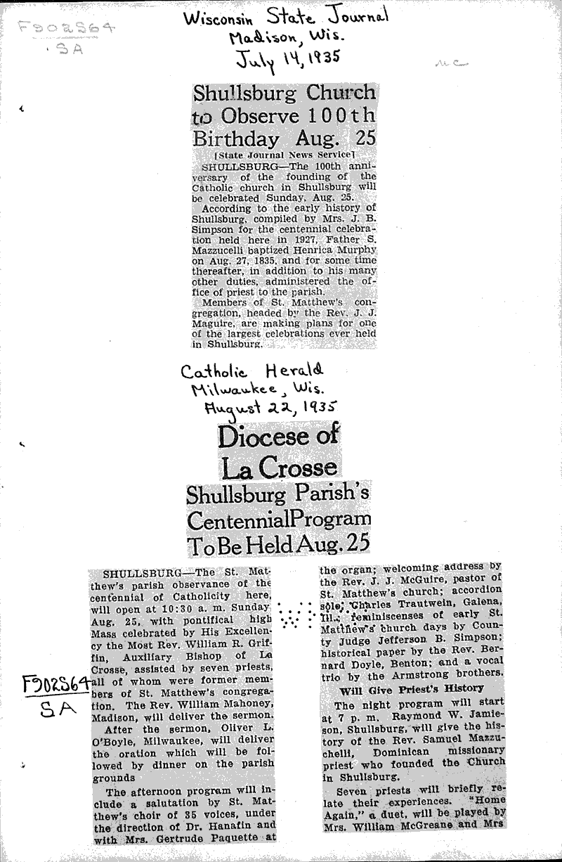 Shullsburg church to observe 100th birthday Aug. 25 Newspaper Article