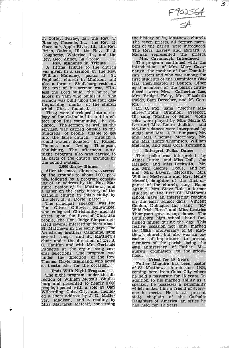 St. Matthews' church, Shullsburg, centennial fete attended by 4,000