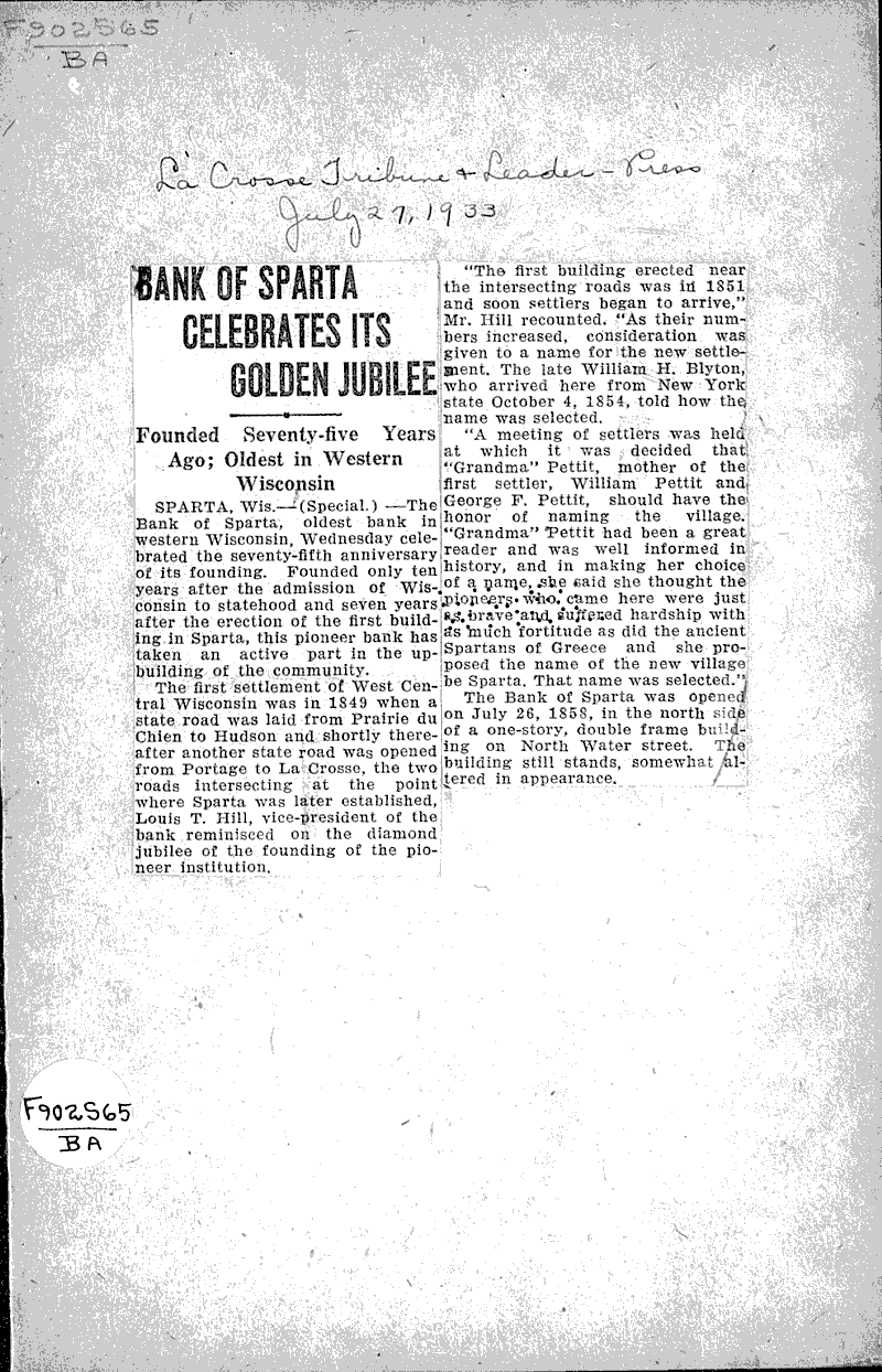 Bank of Sparta celebrates its golden jubilee Source: La Crosse Tribune Topics: Industry Date: 1933-07-27