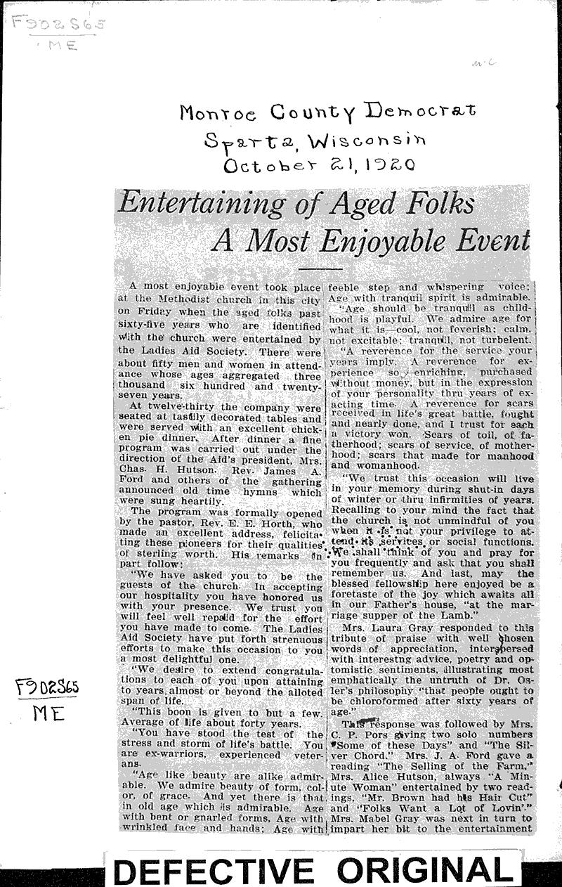 Entertaining of aged folks a most enjoyable event Source: Monroe County Democrat Date: 1920-10-21