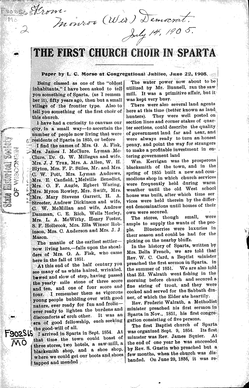 First church choir in Sparta Newspaper Article/Clipping Wisconsin