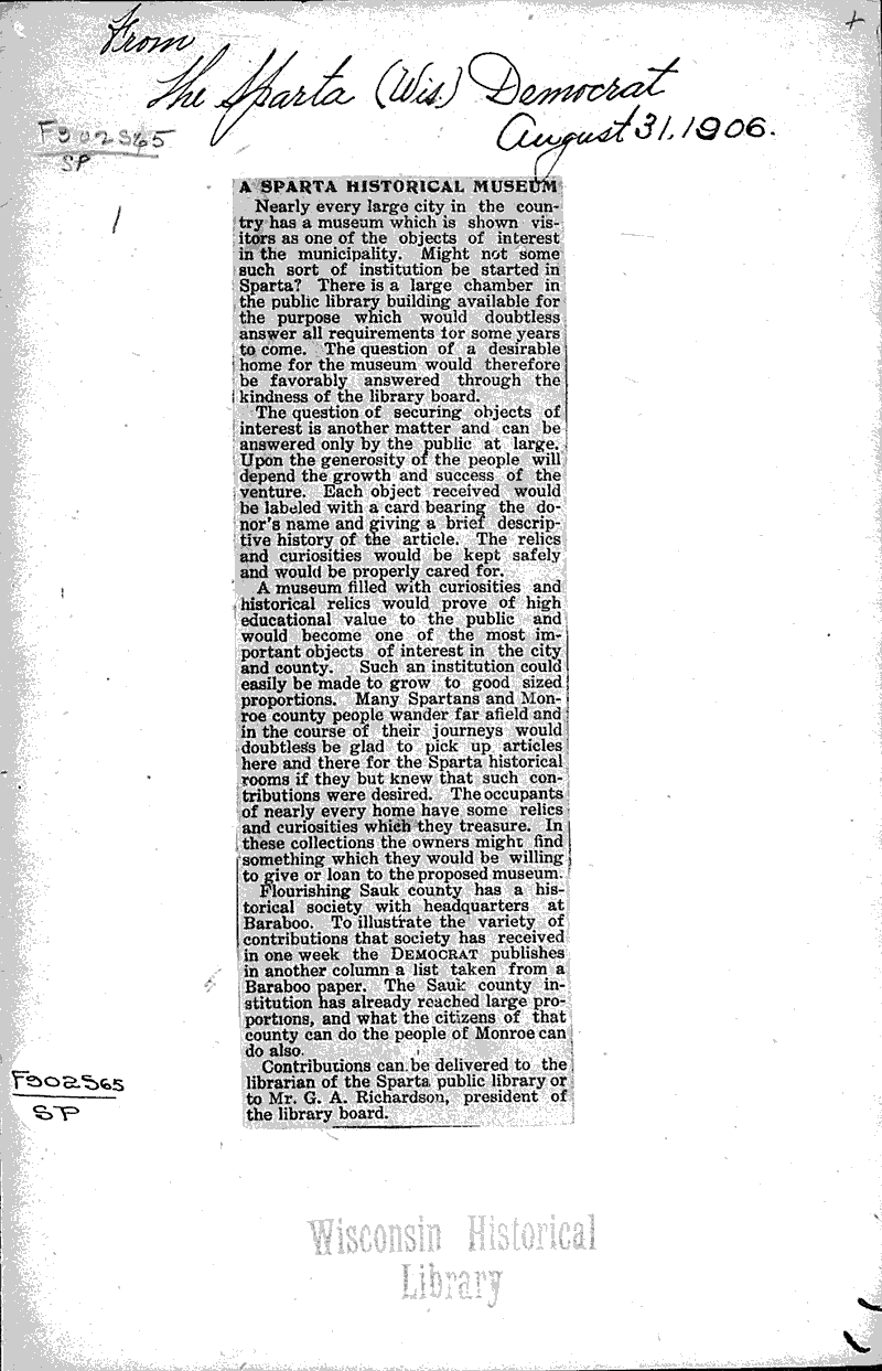 Sparta historical museum Newspaper Article/Clipping Wisconsin