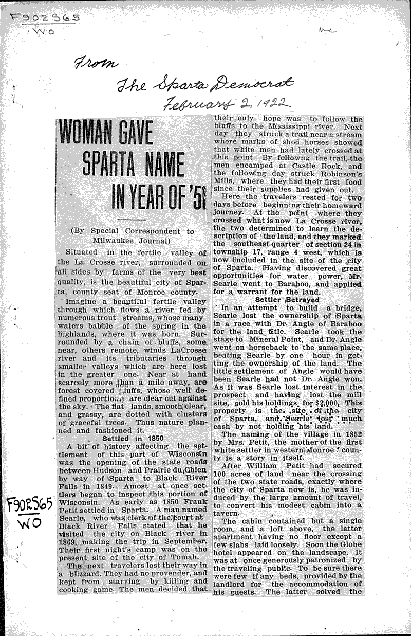 Woman gave Sparta name in year of '56 Newspaper Article/Clipping