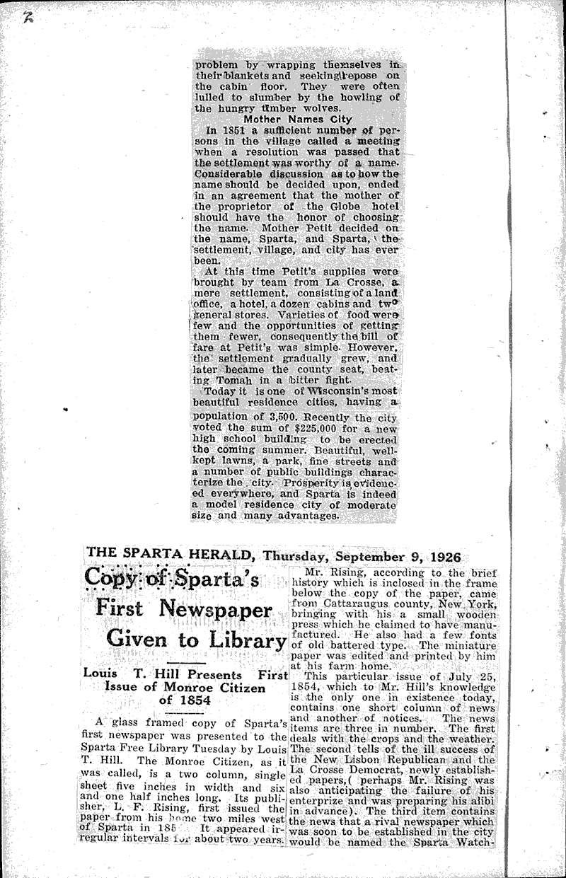 Woman gave Sparta name in year of '56 Newspaper Article/Clipping