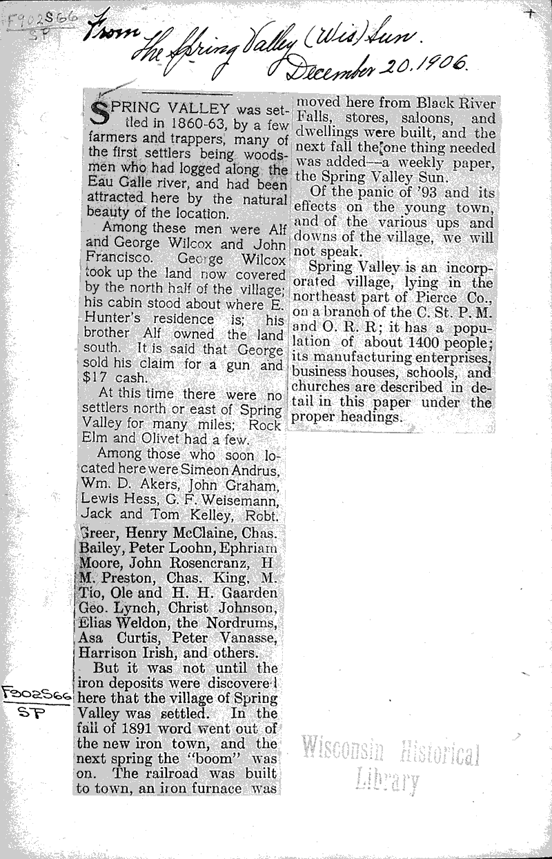 Spring Valley Newspaper Article/Clipping Wisconsin Historical Society