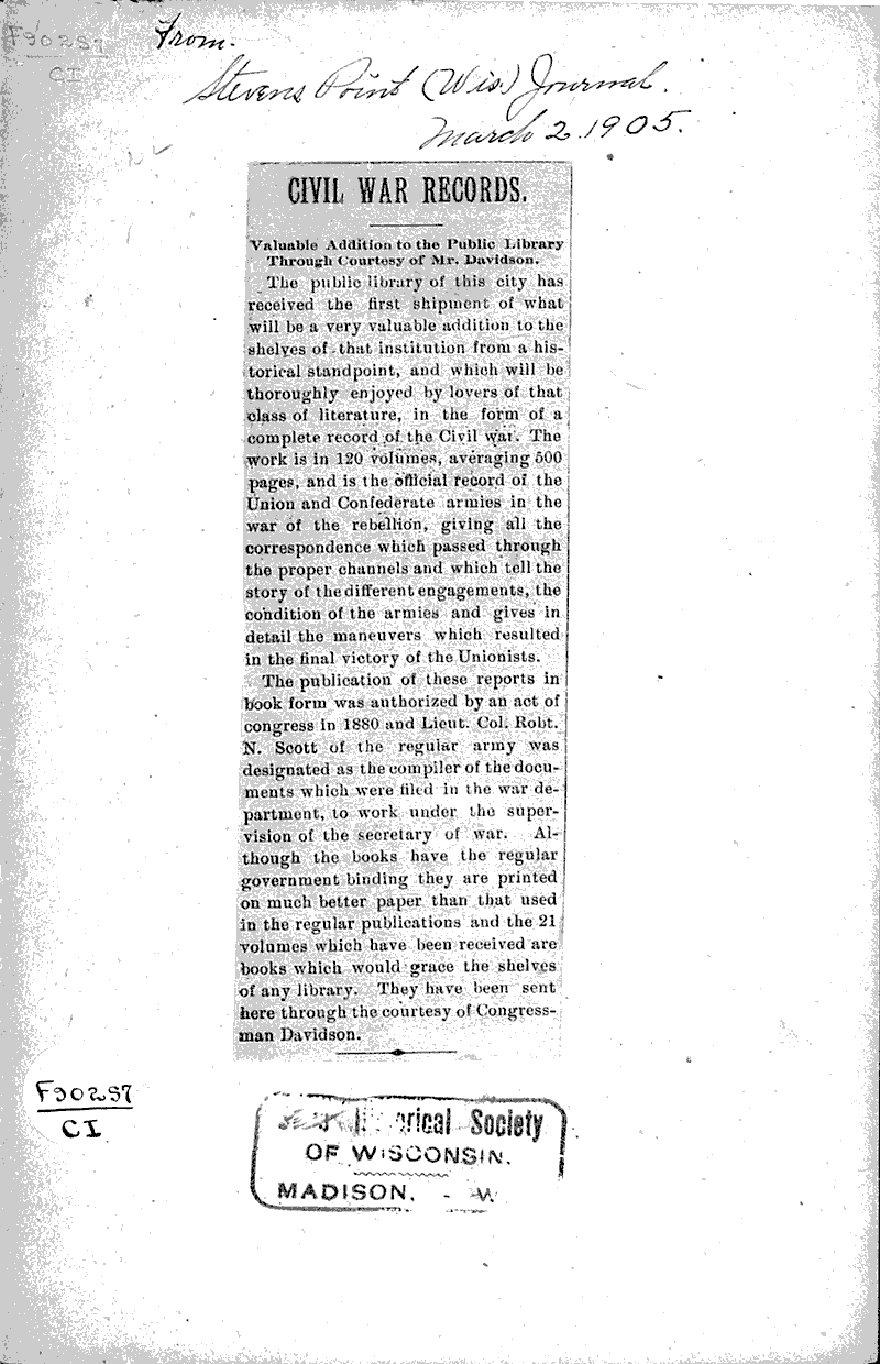Civil War records Newspaper Article/Clipping Wisconsin Historical
