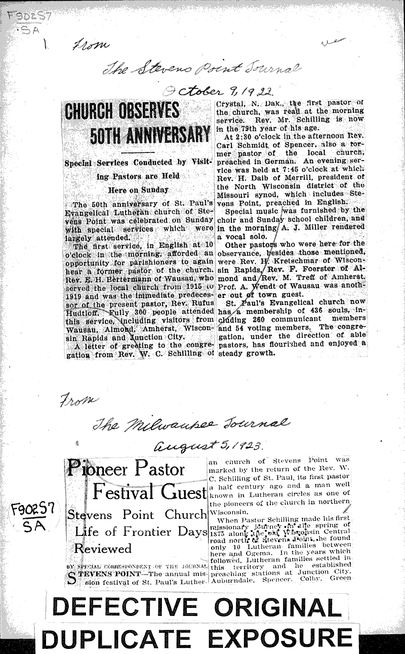  Source: Stevens Point Journal Topics: Church History Date: 1922-10-09