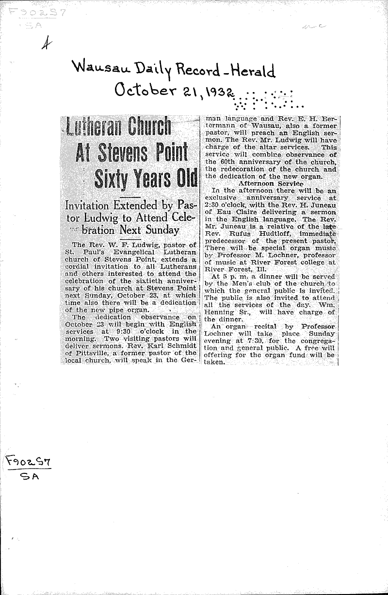 Lutheran church at Stevens Point sixty years old Newspaper Article