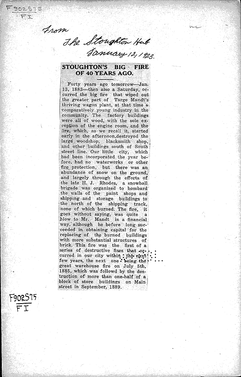 Stoughton's big fire of 40 years ago. Newspaper Article/Clipping