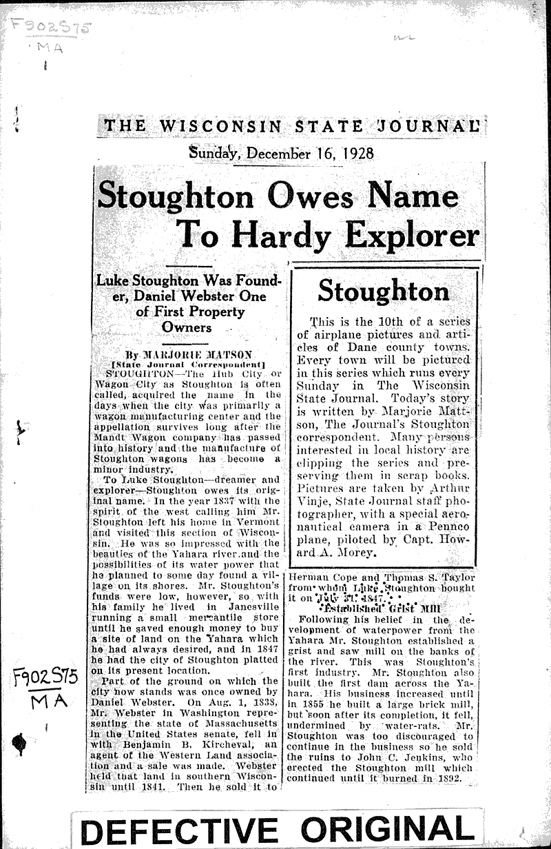 Stoughton owes name to hardy explorer Newspaper Article/Clipping Wisconsin Historical Society