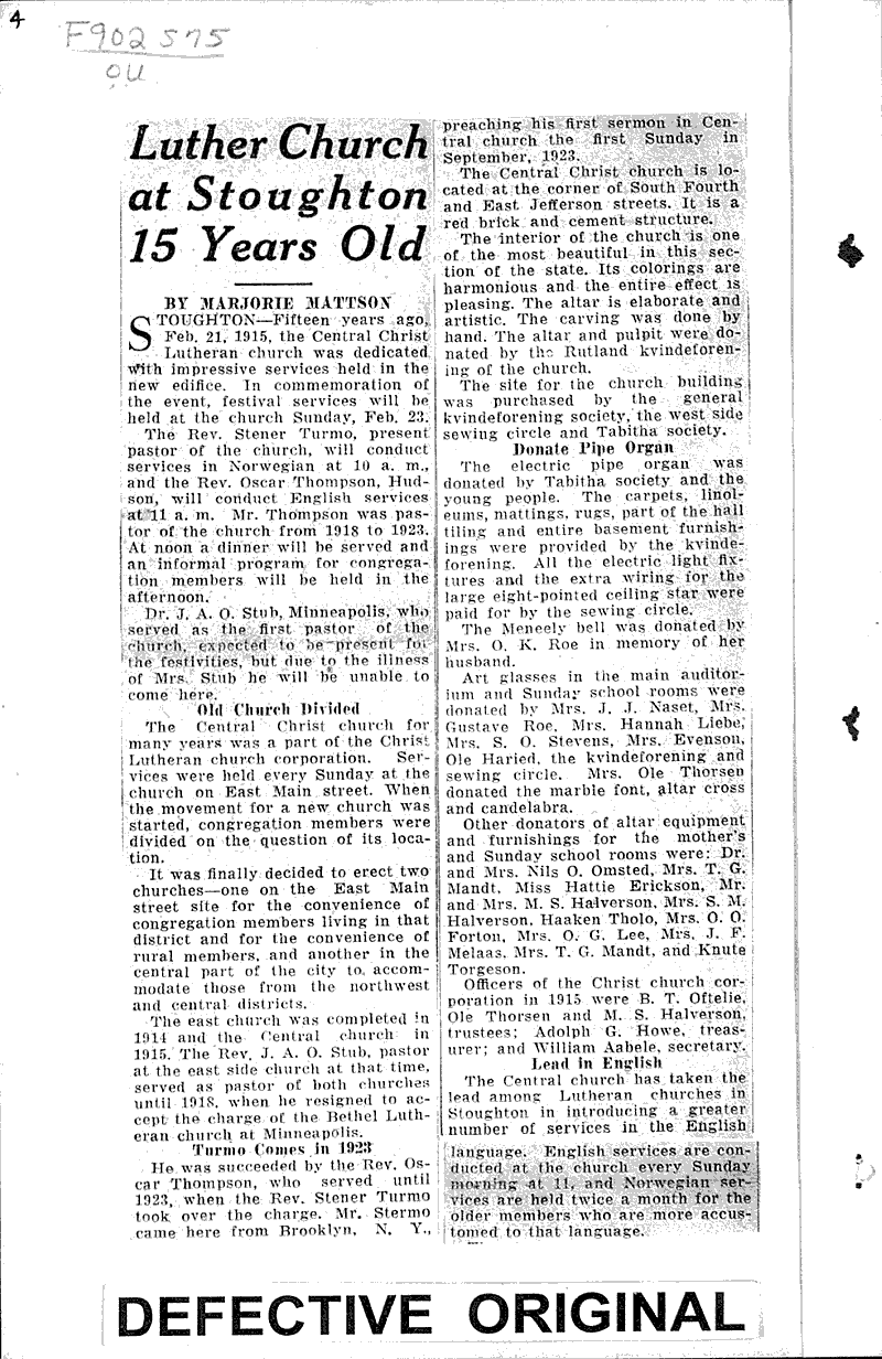 Luther Church at Stoughton 15 years old Newspaper Article/Clipping Wisconsin Historical Society