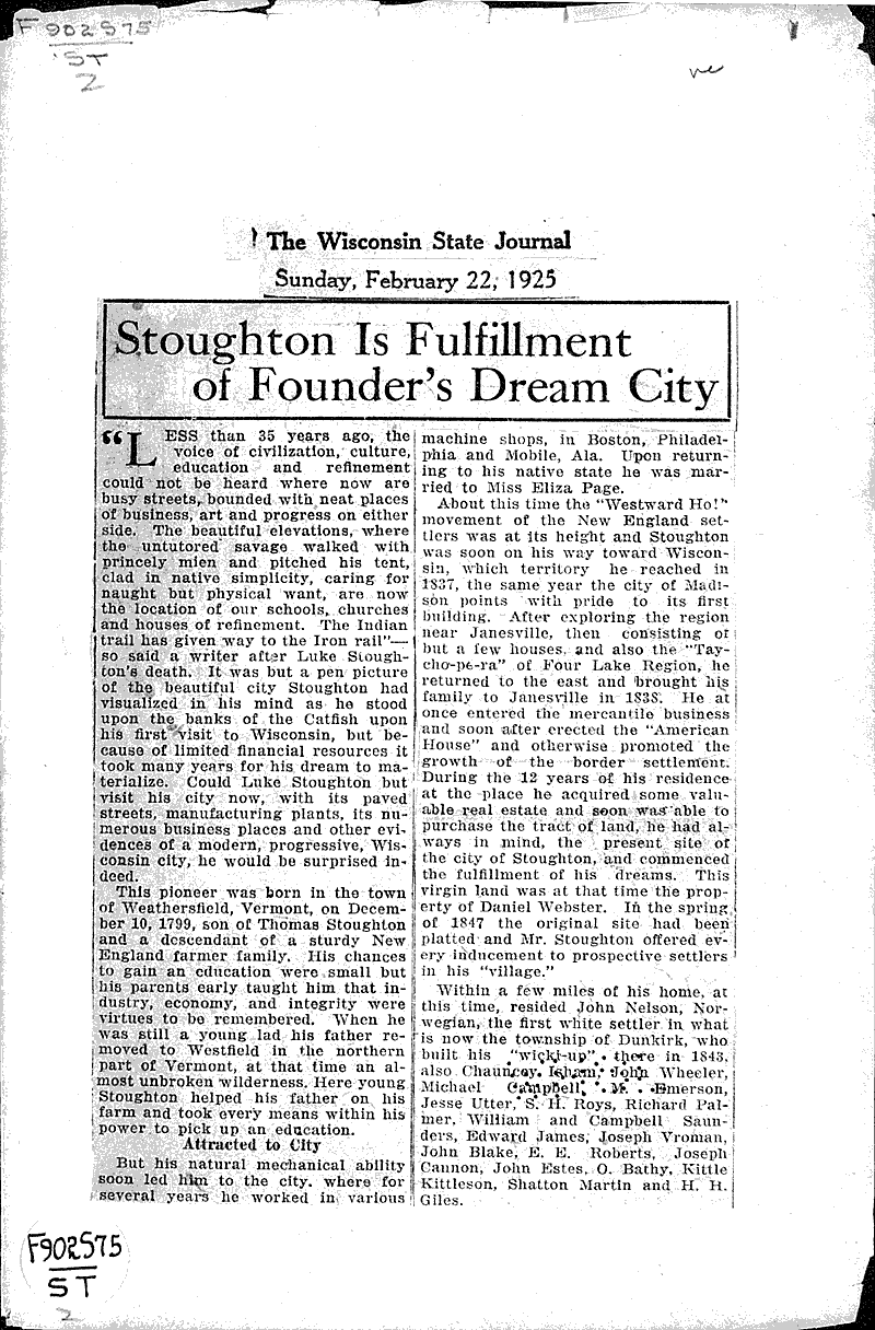 Stoughton is fulfillment of founder's dream city Newspaper Article/Clipping Wisconsin