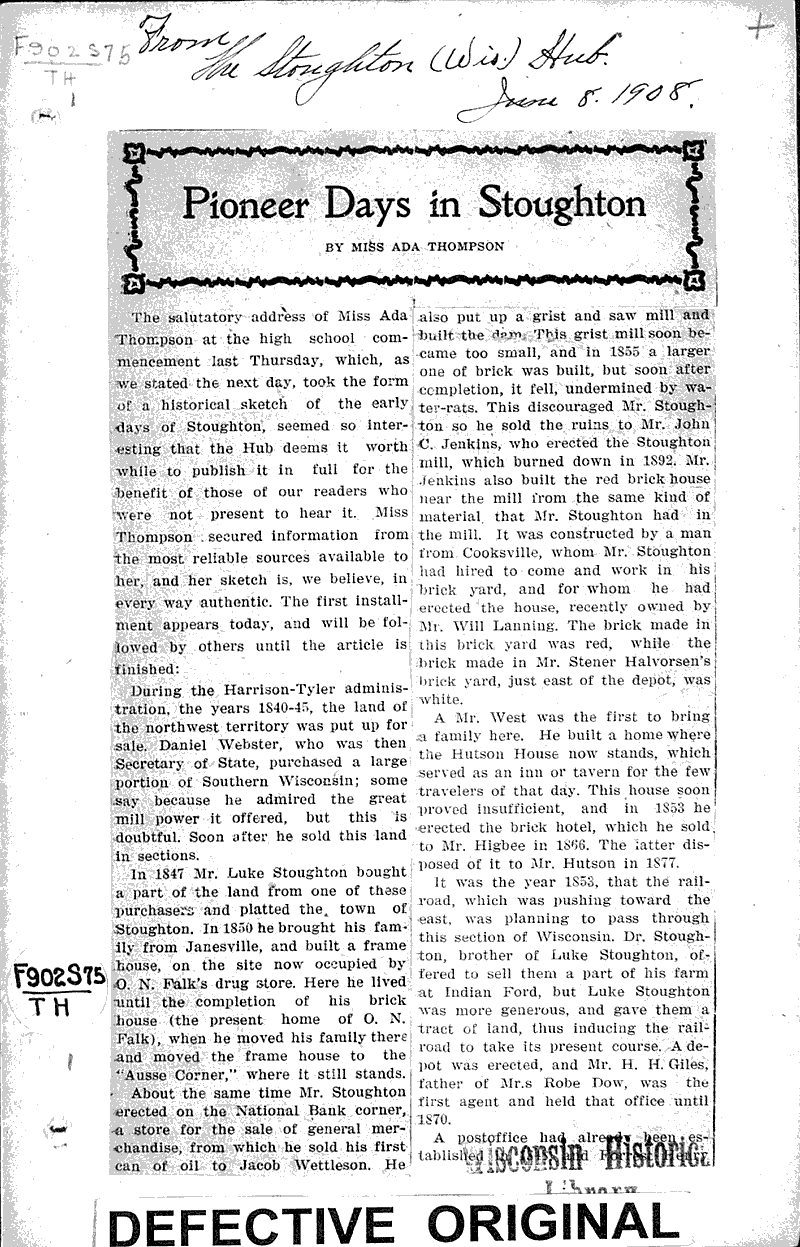 Pioneer days in Stoughton Newspaper Article/Clipping Wisconsin Historical Society