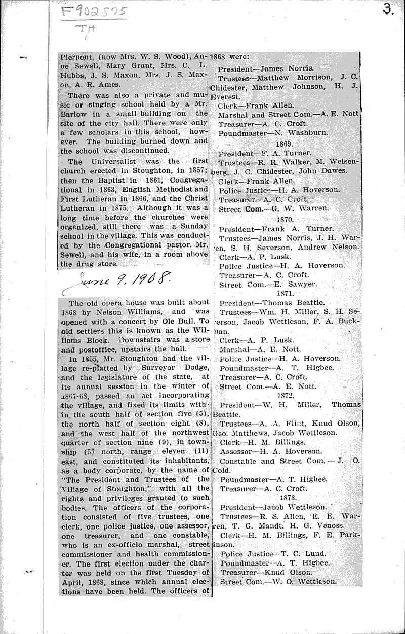 Pioneer days in Stoughton Newspaper Article/Clipping Wisconsin