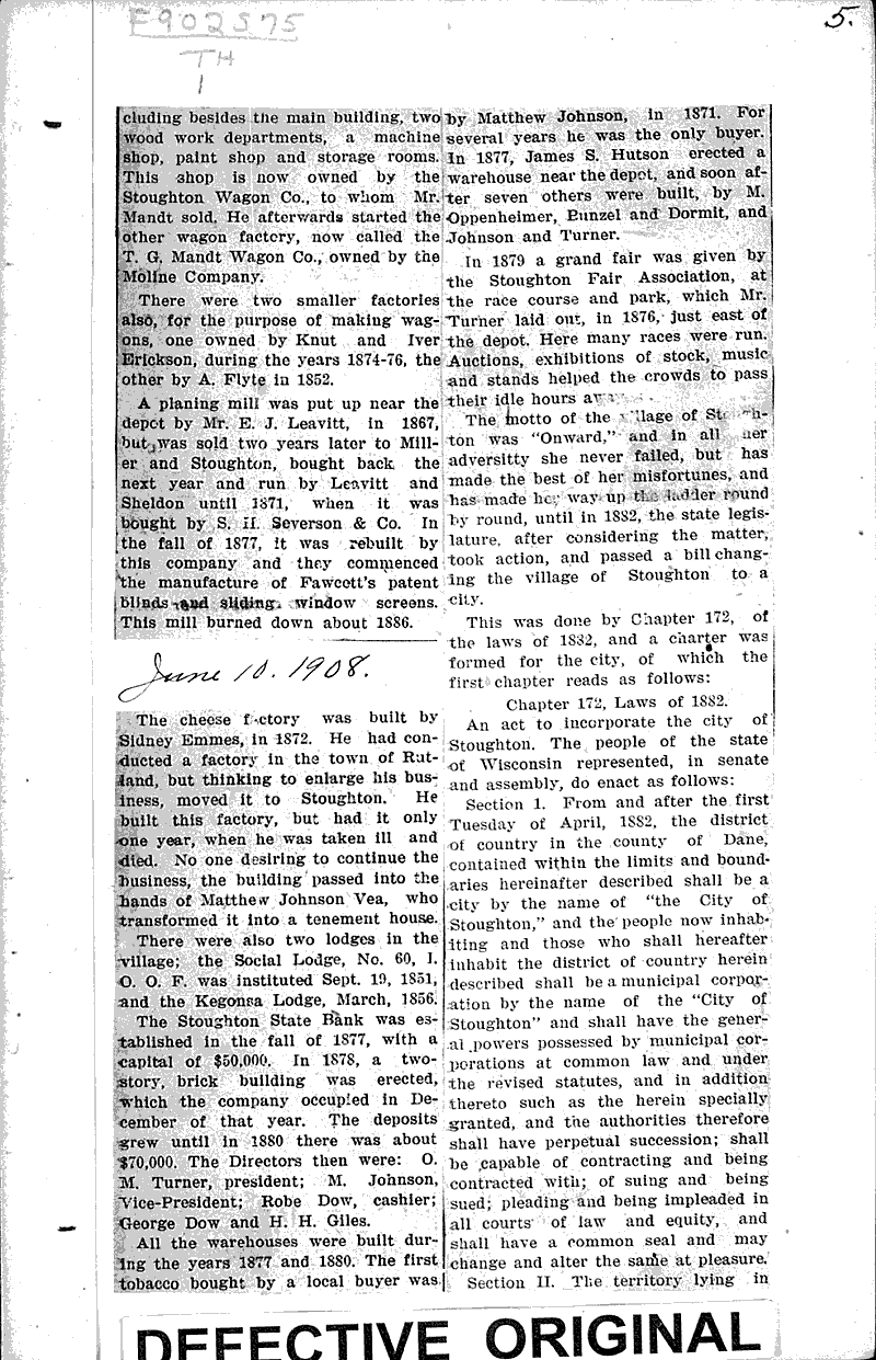 Pioneer days in Stoughton Newspaper Article/Clipping Wisconsin