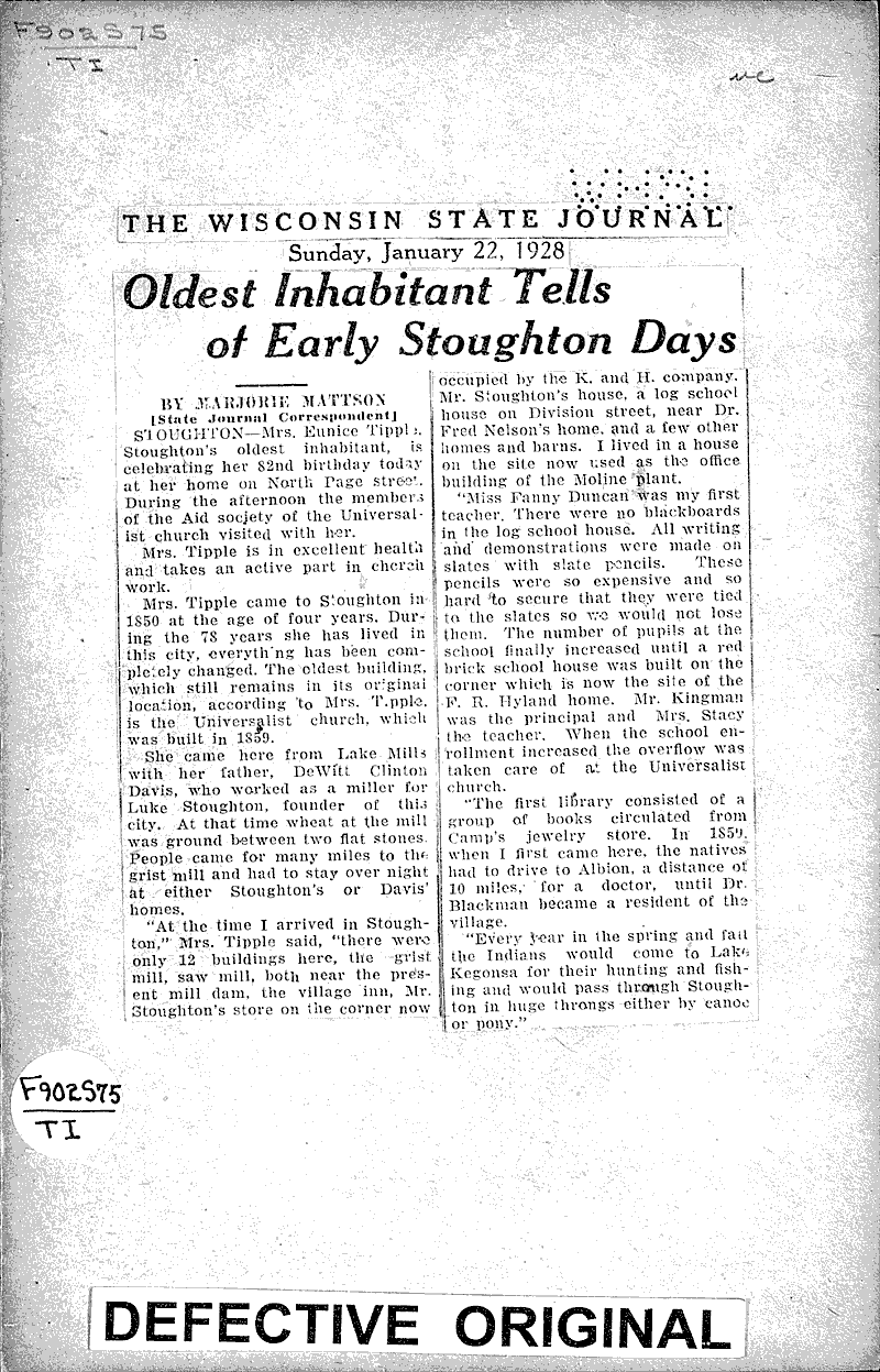 Oldest Inhabitants tells of early Stoughton days Newspaper Article