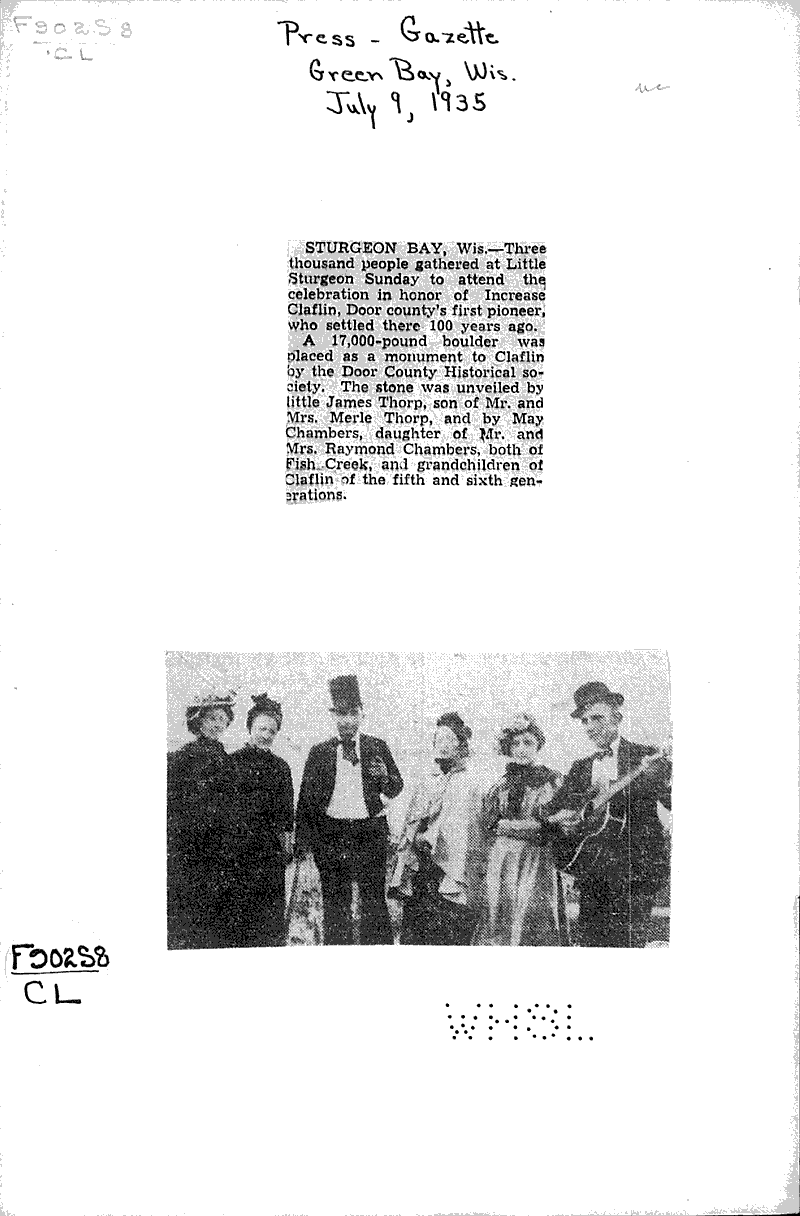 Sturgeon Bay Newspaper Article/Clipping Wisconsin Historical Society