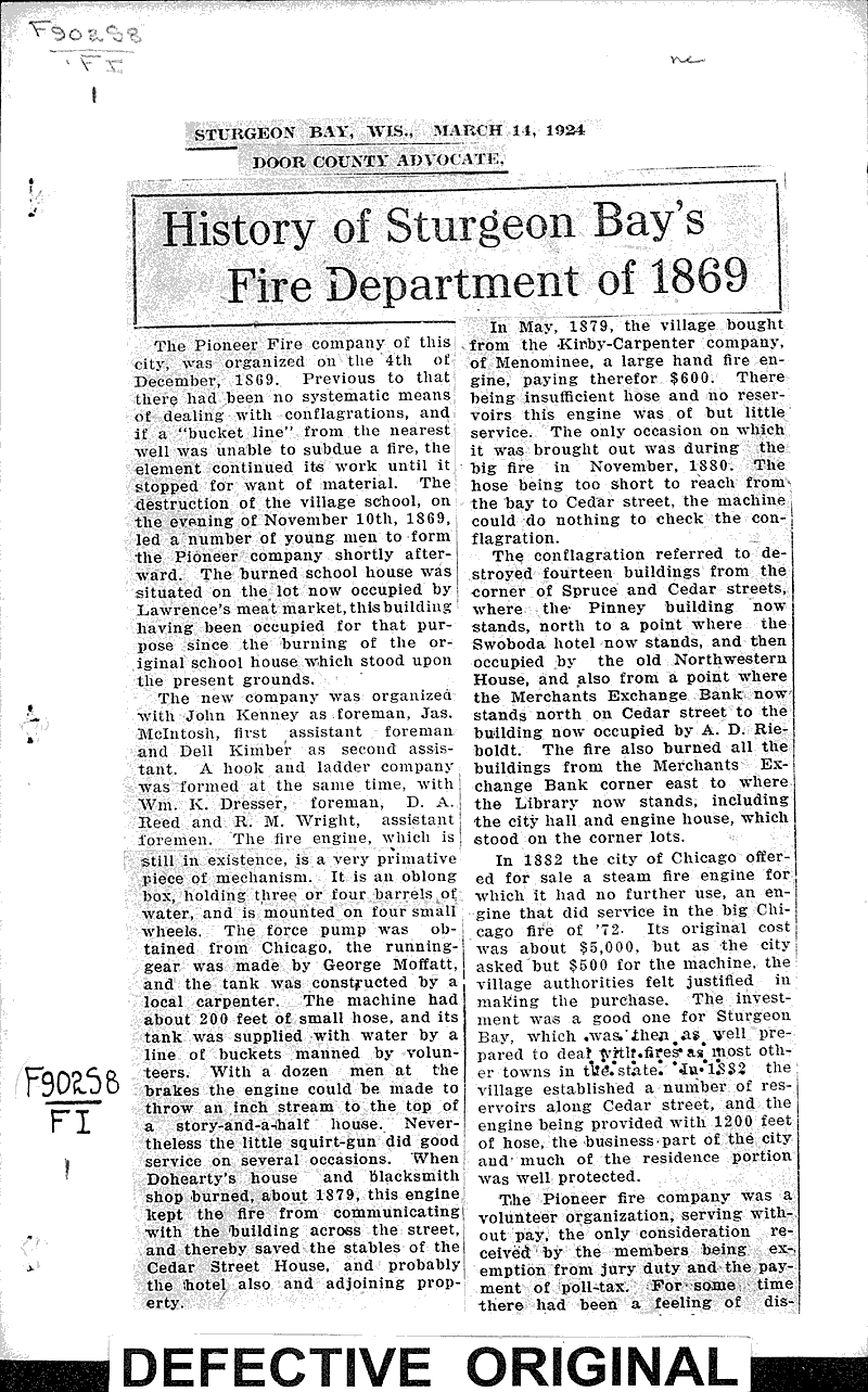 History Of Sturgeon Bay S Fire Department Of 1869 Newspaper