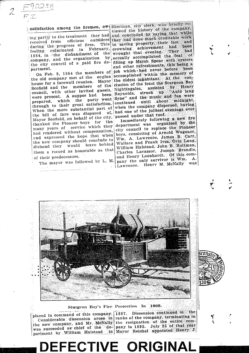 History Of Sturgeon Bay S Fire Department Of 1869 Newspaper