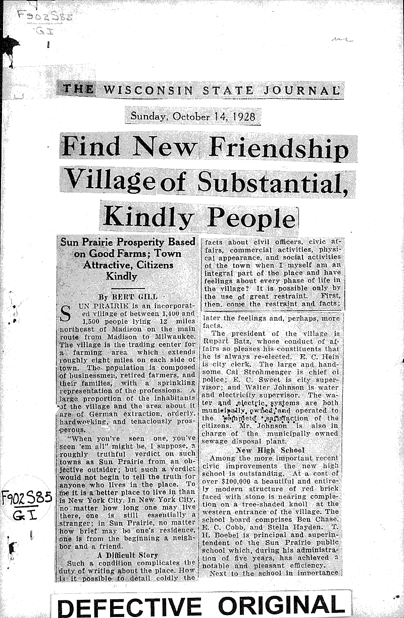 Find new friendship village of substantial, kindly people Newspaper Article/Clipping