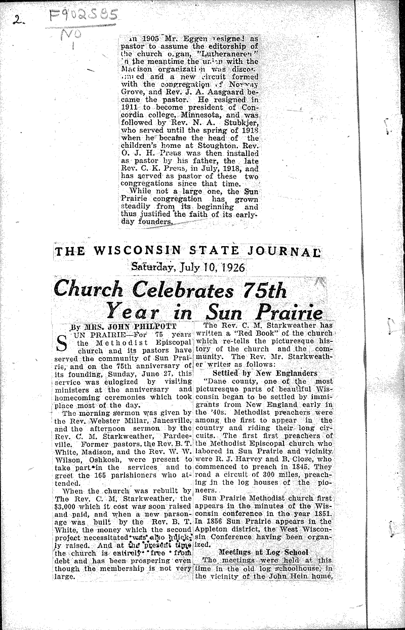  Source: Wisconsin State Journal Topics: Church History Date: 1926-07-10