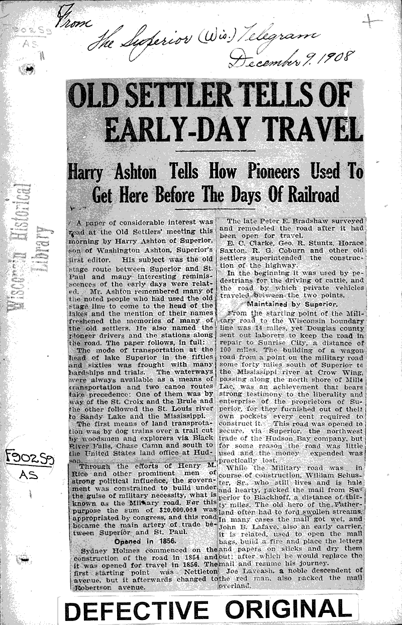 Old settler tells of earlyday travel Newspaper Article/Clipping Wisconsin Historical Society