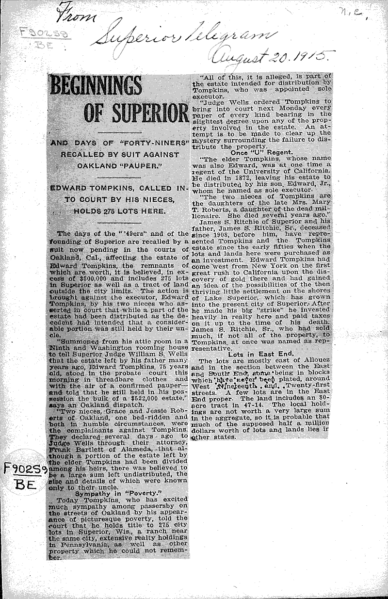 Beginnings of Superior Source: Superior Telegram Date: 1915-08-20